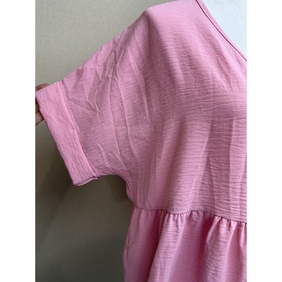 Entro Top Women L Pink Cuffed Short Sleeve Babydoll Flowy V Neck Blouse - Picture 3 of 10